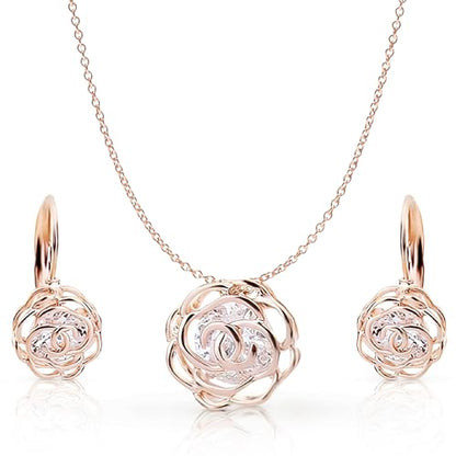 Women 18K Gold Plated White Crystal Roses Flowers Necklace and Earrings Set for Women Wedding Party Bridal Bridesmaid Accessories - color: Rose gold