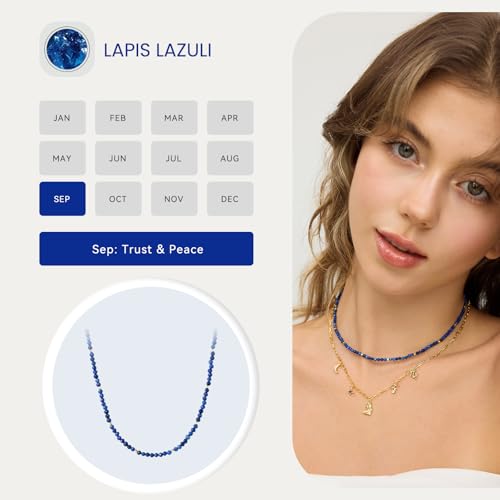 ARSIS Genuine Beaded Gemstone Necklace for Women, Colorful Natural Stone Handmade Bead Choker, Personalized Birthstone Necklace, Boho Summer Beach Necklace Layering Stackable Jewelry Gift - color: Lapis Lazuli (September)