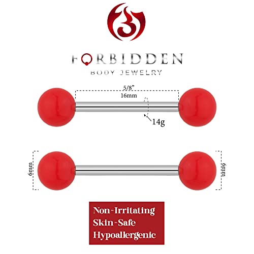 Forbidden Body Jewelry 14g 16mm (5/8 Inch) Hypoallergenic Titanium Double Ball Nipple & Tongue Ring Barbells - style: Red