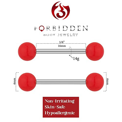 Forbidden Body Jewelry 14g 16mm (5/8 Inch) Hypoallergenic Titanium Double Ball Nipple & Tongue Ring Barbells - style: Red