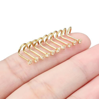 Nose Studs Surgical Steel Nose Rings Studs with Cubic Zirconia 10Pcs Tiny Nostril Rings for Women Screw Bone and L-Shaped Nostril Piercing Jewelry 24G 22G 20G 18G - color: goldtone,screw nose studs, size: 20g,2.0mm Clear CZ