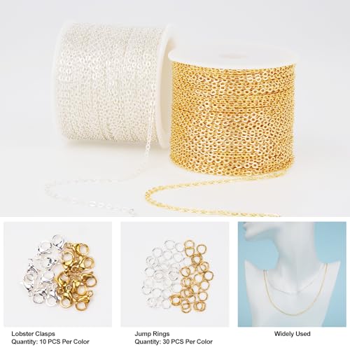 Kyutong 65.6 Feet Stainless Steel Jewelry Making Chains Spool for Crafting | 2 Rolls Cross Cable Chain Links Gold Silver DIY Jewelry Supplies with Lobster Clasps Jump Rings for DIY Handcraft - color: Cable Chain