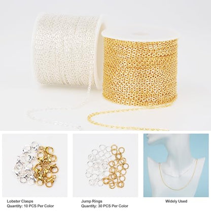 Kyutong 65.6 Feet Stainless Steel Jewelry Making Chains Spool for Crafting | 2 Rolls Cross Cable Chain Links Gold Silver DIY Jewelry Supplies with Lobster Clasps Jump Rings for DIY Handcraft - color: Cable Chain