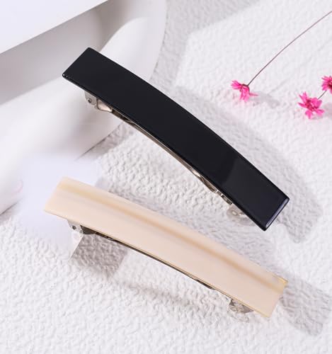 2 Pack French Design Hair Barrettes Acetate Celluloid Rectangle Hair Clips for Women - color: Black+Cream