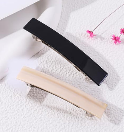 2 Pack French Design Hair Barrettes Acetate Celluloid Rectangle Hair Clips for Women - color: Black+Cream