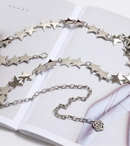 QWALIT Silver Gold Chain Belt for Women Fashion Waist Chain Belt Star Butterfly Metal Belt Music Festival Y2K Accessories - style: 11- star silver