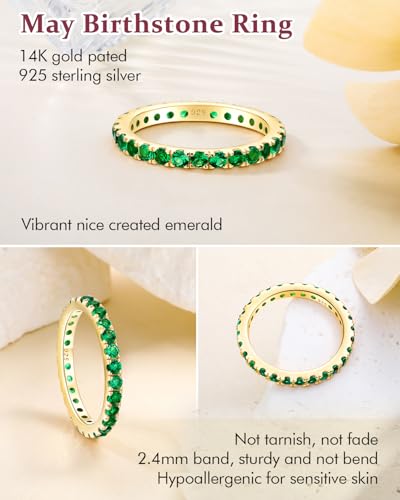 DAYBYDAY Sapphire/Emerald/Ruby Full Eternity Band Rings for Women, 2.4mm Thin Birthstone Stackable Rings, 925 Sterling Silver/14K Gold Plated Gemstone Wedding Band Anniversary Ring Size 6 to 10 - color: 05. Green Emerald, May, Gold Plated