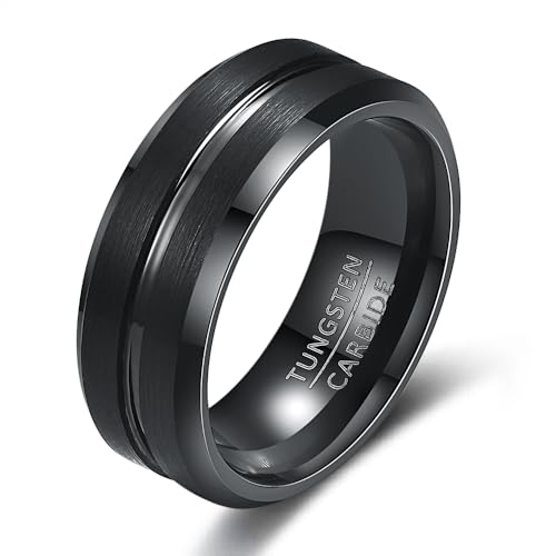 Tungsten Wedding Band Ring for Men 6mm 8mm Classic Groove Tungsten Wedding Band Ring for Men Matte Finish Comfort Fit Size 7-12 - color: 8mm Groove Black-Black