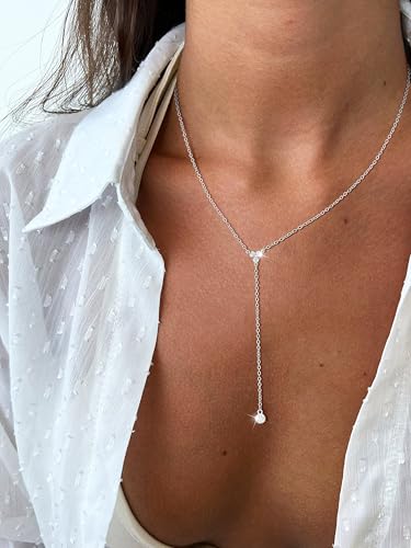 Lariat Gold Necklaces for Women Trendy Dainty Long Necklace 14k Gold Plated/Silver Layered Drop Beaded Chain Necklaces Y-shaped Pendant Necklace Simple Gold Jewelry Gifts - color: Y Triangle-Silver