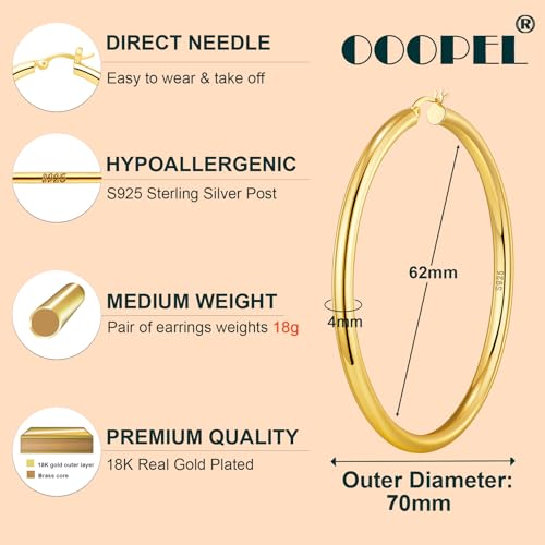 4mm Thick Gold Chunky Earrings Steling Silver Post Hoops Earrings For Women Hollow Tube Hoops Earrings Thick Gold Hoop Earrings Hypoallergenic Lightweight Gold Hoop Large Earrings 20/30/40/50/60MM - color: Gold,70mm