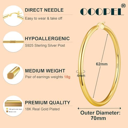 4mm Thick Gold Chunky Earrings Steling Silver Post Hoops Earrings For Women Hollow Tube Hoops Earrings Thick Gold Hoop Earrings Hypoallergenic Lightweight Gold Hoop Large Earrings 20/30/40/50/60MM - color: Gold,70mm