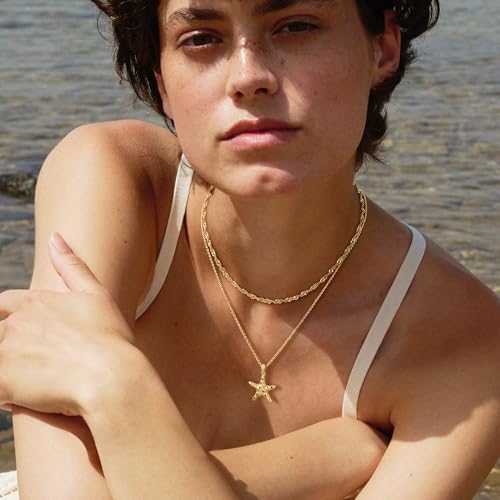 MTMY Gold Starfish Necklace 14K Gold Plated Shell Conch Ocean Pendant Necklace for Women Beach Summer Jewelry - style: mix starfish