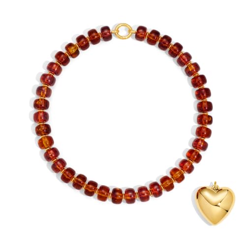 Chunky Heart Necklaces for Women Colorful Resin Beaded Necklaces for Women Gold Puffy Heart Statement Necklace Trendy Acrylic Choker Jewelry Gift - color: B-Amber