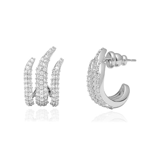 Obidos 14K Gold Plated Illusion Stud Earrings for Women | Triple Huggie Hoop Earrings for One Hole| Trendy Simple Hypoallergenic Fashion Accessories Gold Jewelry Gifts for Womens - color: Illusion Stud Earrings-White Gold