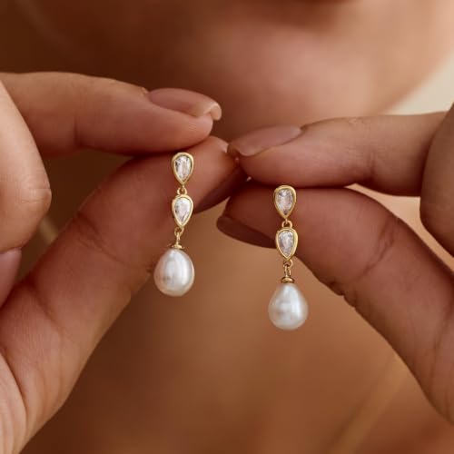 Pearl Earrings for Women, 14k Gold Plated Trendy Diamond Pearl Drop Earrings Hypoallergenic Dainty Bridal Gifts Wedding jewelry for Women - color: Silver-Pearl Style B
