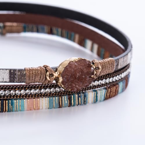 Boho Chunky Leather Wrap Bracelets Stackable Beaded Western Country Jewelry | Crystal Bead Trendy Layered Cuff Magnetic Clasp Stack Bohemian Statement Costume Outfits Cowgirl Fashion Hippie Accessories - color: Boho Brown, size: 14.7"