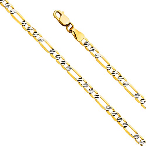 14k Yellow White Gold 3.1mm Diamond-Cut Solid Figaro Pave Chain Link Bracelet 7"