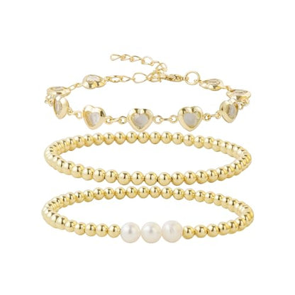 Dainty Gold Plated Pearl Crystal Beaded Bracelets Set for Women 14K Gold Plated Bead Pearl Beads Bracelet Stackable Paperclip Link Chain Bracelets Gold Plated Bracelets for Women Trendy Jewelry - color: Style8-gold beaded heart set