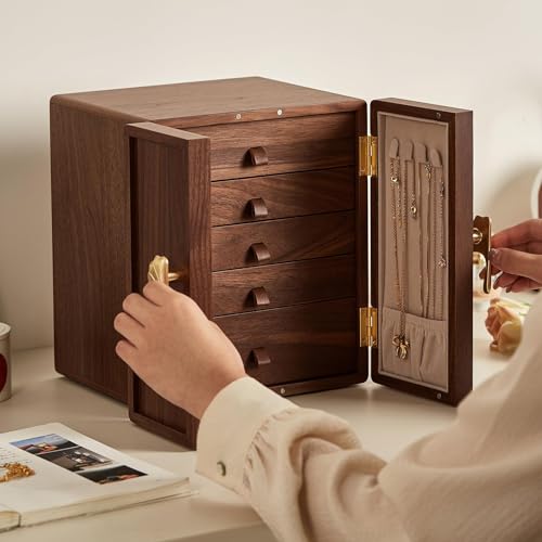 Wooden Jewelry Box, 5 Layer, Black Walnut, 7.9x8.7x10.0in | Large Jewelry Organizer for Women, Brass Handle, For Necklaces Rings Earrings Watches Storage, Gift for Her - size: 5 Layer(7.9"D x 8.7"W x 10"H)