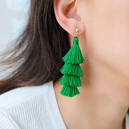 BaubleStar Bohemian Layered Tassel Drop Earrings for Women | Lightweight Statement Party Festival Jewelry - color: Forest Green