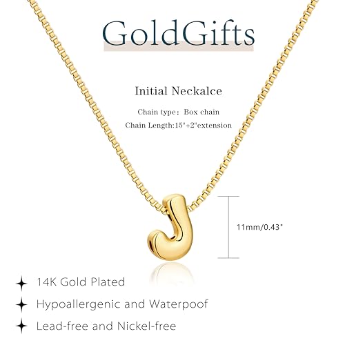Bubble Gold Initial Necklaces for Women,14K Gold Plated A-Z Initial Necklaces for Women, Chunky balloon letter name Pendant Necklace Fashion Jewelry Gifts - color: J, style: Gold