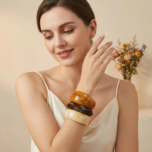 Chunky Bracelet Set for Women | 3-Pack Acrylic Resin Bangles | Brown & Colorful Statement Jewelry | Indian Style Bangle Bracelets - color: 01