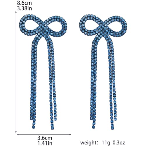 Rhinestone Earrings Dangling for Women Sparkly Silver Dangle Earrings Girls Long Chandelier Earrings Tassel Lightweight Ear Studs Cubic Zirconia (KE001S-W) - color: Bow 516286DY-BZ Coating Blue Zircon