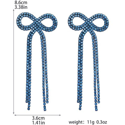 Rhinestone Earrings Dangling for Women Sparkly Silver Dangle Earrings Girls Long Chandelier Earrings Tassel Lightweight Ear Studs Cubic Zirconia (KE001S-W) - color: Bow 516286DY-BZ Coating Blue Zircon