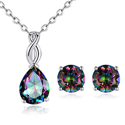 VOLUKA Created Opal/Amethyst/Mystic Topaz Pendant Necklace for Women,18K White/Rose Gold Plated Chain Wedding Engagement Jewelry Gift - color: G-Teardrop rainbow jewelry set