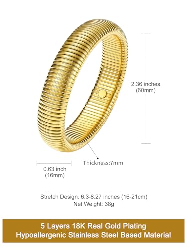KeyStyle Bangle Bracelets For Women, Stainless Steel Stretch Bracelet Wide | 14K Gold/Rose Gold/Black/Silver Plated Flexible Wide Twisted Link Chain Wristband Jewelry, 10Mm, 16Mm, 20Mm - color: 16mm - Gold