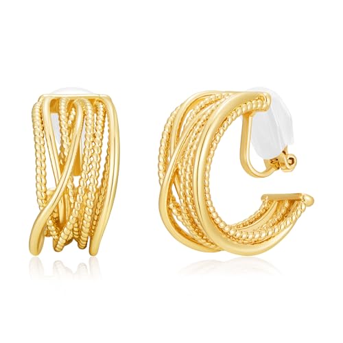 Clip on Earrings for Women Silver and Gold Plated Twisted Rope Hoops Non Pierced C Hoop Earring Lightweight Two Tone Clips Mixed Metal Jewelry Gifts - color: Wide Hoop-gold