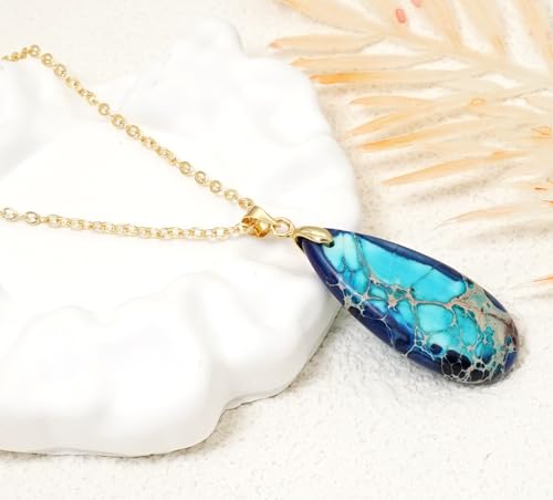 Stone Necklaces for Women Teardrop Gemstone Pendant Necklace Natural Stone Chain Necklaces - color: Blue