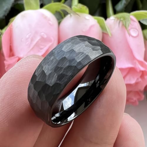 TUTISS 6mm 8mm Silver/Black/Gold/Rose Gold Hammered Tungsten Rings for Men Women Couple Fashion Jewelry Engagement Wedding Bands Domed Matte Finish Comfort Fit - color: 8mm Black I Love You Engraved
