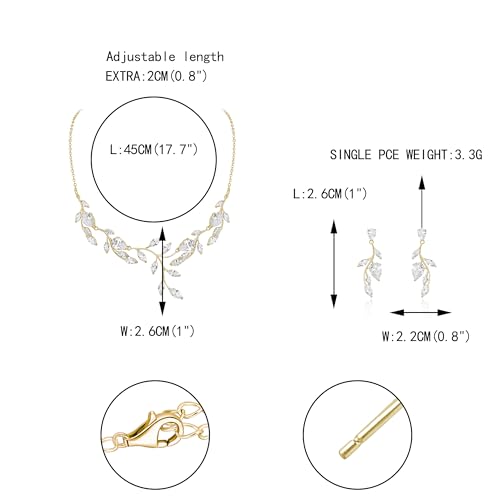 Cubic Zirconia Leaf Vine Wedding Jewelry Set for Bride Women Bridesmaid | Pear-Shaped Birthstone, Necklace Dangle Earrings for Bridesmaid, Silver-Plated-Brass - color: 2pcs_White Gold-Plated-Brass