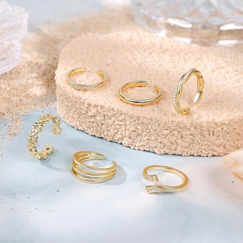 NICEIGHT 6Pcs 14K Gold Filled Toe Rings for Women Non Tarnish Silver Flower Hug Band Toe Rings Simple Adjustable CZ Twist Toe Ring Summer Beach Foot Jewelry for Women - color: Gold B