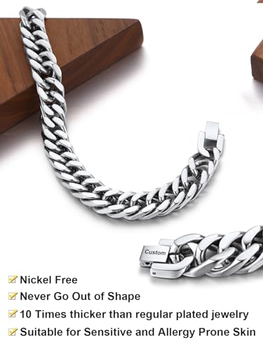ChainsHouse Stainless Steel Cuban Link Bracelet, 6mm/8mm/12mm/17mm Width, 7.5"/8.3"/9", Black/ 18K Gold Plated Chain Wrist Bracelets for Men Women, Send Gift Box - color: P: Steel-8mm width-custom