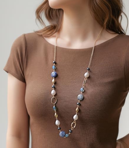 Long Gold Necklaces for Women Trendy Beaded Chain Necklace Chunky Costume Jewelry Gifts for Her - color: Navy Blue