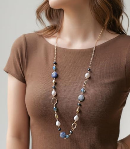Long Gold Necklaces for Women Trendy Beaded Chain Necklace Chunky Costume Jewelry Gifts for Her - color: Navy Blue