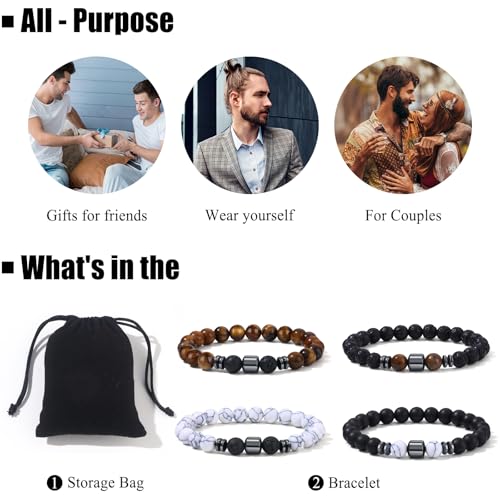 Giovanchi 4-12PCS Bracelets for Men, 8MM Mens Bracelets Lava Rock Black Obsidian Howlite Tiger Eye Beaded Natural Stone Bracelet Jewelry Gifts for Birthday Christmas - style: 4Pcs B