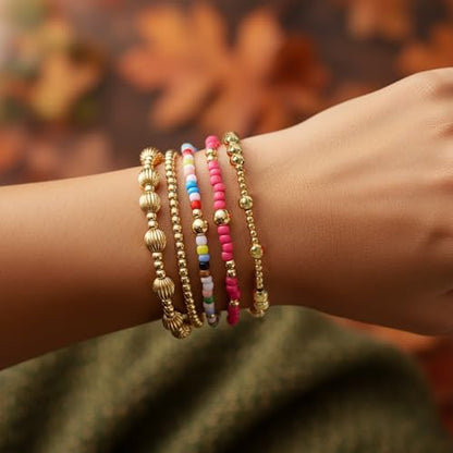 Colorful Gold Plated Stackable Ball Seed Beaded Bracelets Set For Women, Boho Handmade Romantic Stretch Accessories Jewelry, Daily Wear Holiday Party Friendship Gift - color: Lantern