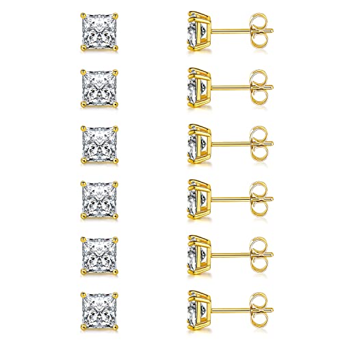 Stud Earring Set for Women Men 18K Yellow/White Gold Plated Princess Cut 4 Prong Graduated Square Clear Cubic Zirconia Pakc of 6 Pairs 3-7mm - color: Yellow gold-5mm-6 pairs