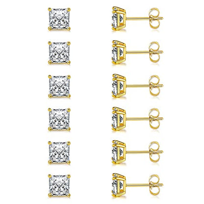 Stud Earring Set for Women Men 18K Yellow/White Gold Plated Princess Cut 4 Prong Graduated Square Clear Cubic Zirconia Pakc of 6 Pairs 3-7mm - color: Yellow gold-5mm-6 pairs