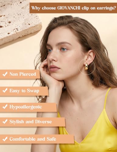 Giovanchi 3Pairs Clip on Earrings for Women with Non-Pierced Ears - Trendy Hypoallergenic 14K Gold Plated Chunky Tube Croissant Waterdrop Clip on Hoop Earrings - style: B-Gold