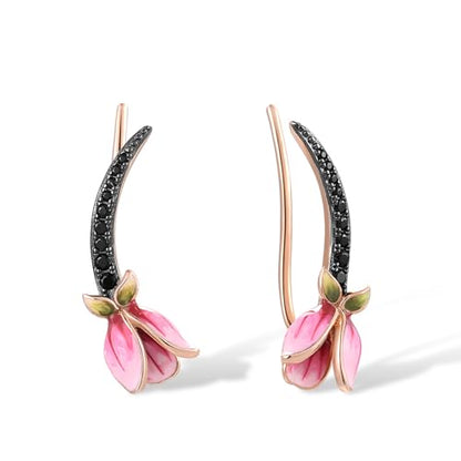 Santuzza 925 Sterling Silver Pink Tulip Cuff Pierce Earrings for Women - color: Enamel Tulip-Pink