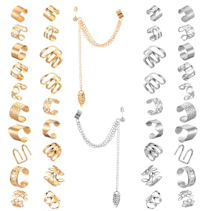 60 Pcs Non Piercing Ear Cuffs Earrings Women Ears Clip on Cartilage Earring Adjustable Fake Earrings Ear Wrap Earring Jewelry for Helix Cartilage, Silver Gold