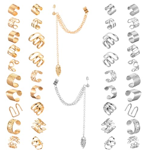 60 Pcs Non Piercing Ear Cuffs Earrings Women Ears Clip on Cartilage Earring Adjustable Fake Earrings Ear Wrap Earring Jewelry for Helix Cartilage, Silver Gold