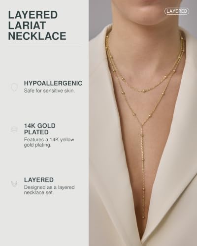 PAVOI 14K Gold Plated Drop Lariat Chain for Women - Cubic Zirconia Long Necklace - Station Star Layered Beaded Y Necklace - style: Beaded