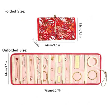 Embroidery Jewelry Roll Organizer Travel Jewelry Storage Roll Case Foldable Small Jewelry Pouch Jewelry Roll up Bag for Journey Rings, Necklaces, Earrings, Bracelets (Red) - color: Red