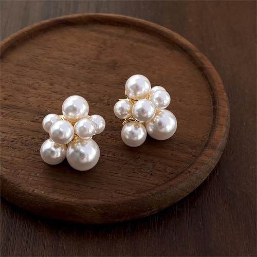 Gold Plated Pearl Flower Stud Earrings for Women - Faux Pearl Cluster Statement Earrings, Hypoallergenic Floral Studs, Elegant Jewelry for Wedding & Everyday Wear