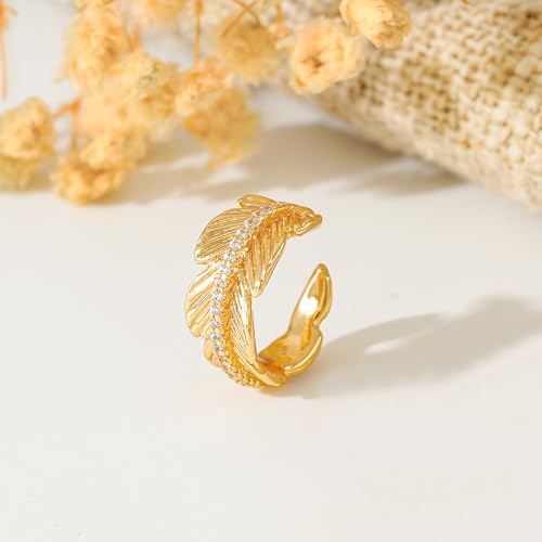 Gold Ear Cuff Earring for Women 14K Gold Plated Cubic Zirconia Non-Pierced Clip on Cartilage Chunky Ear Cuffs Hypoallergenic Jewelry - style: leaf